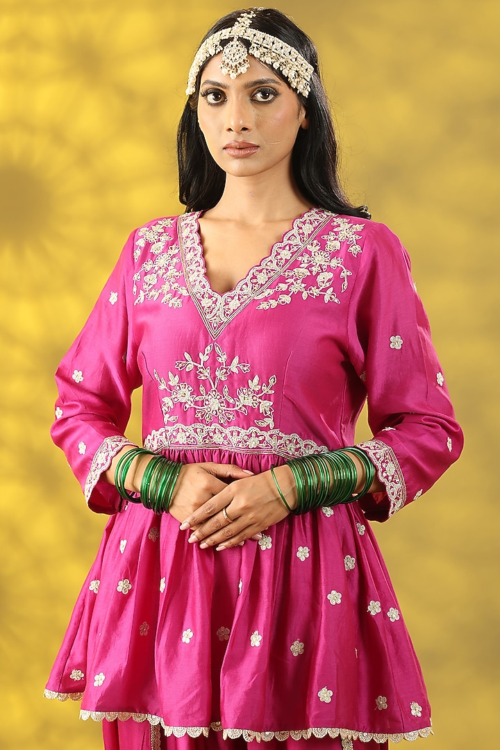 Cerise Pink Chanderi Silk Dori Work Party Wear Anarkali Set by Nia By Sonia Ahuja at Pernia's Pop Up Shop