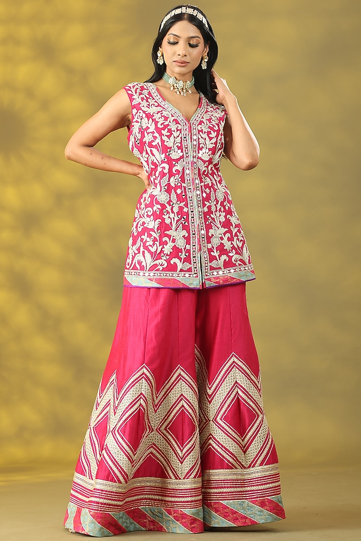 Magenta Chanderi Silk Party Wear Sharara Set by Nia By Sonia Ahuja at Pernia's Pop Up Shop