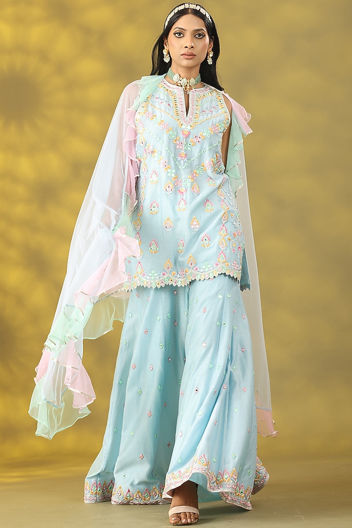 Sky Blue Crepe Mirror & Thread Work Party Wear Sharara Set by Nia By Sonia Ahuja at Pernia's Pop Up Shop