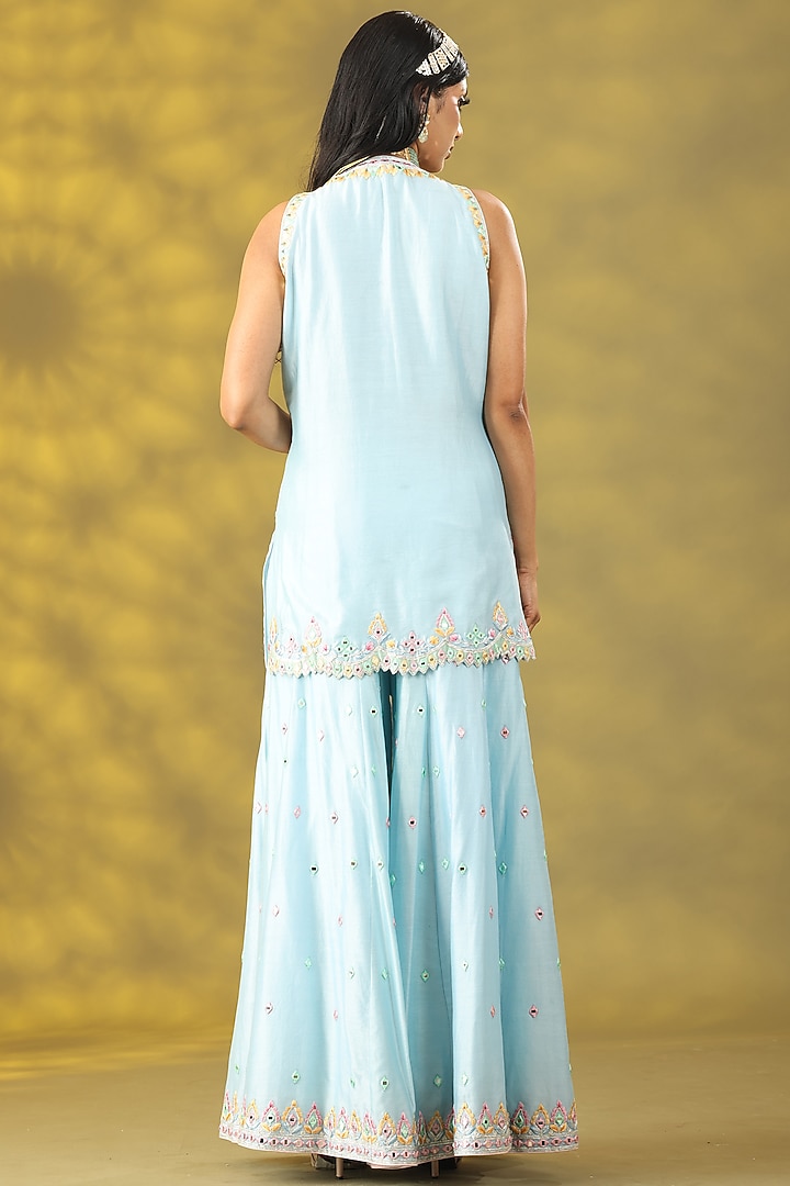 Sky Blue Crepe Mirror & Thread Work Party Wear Sharara Set by Nia By Sonia Ahuja at Pernia's Pop Up Shop
