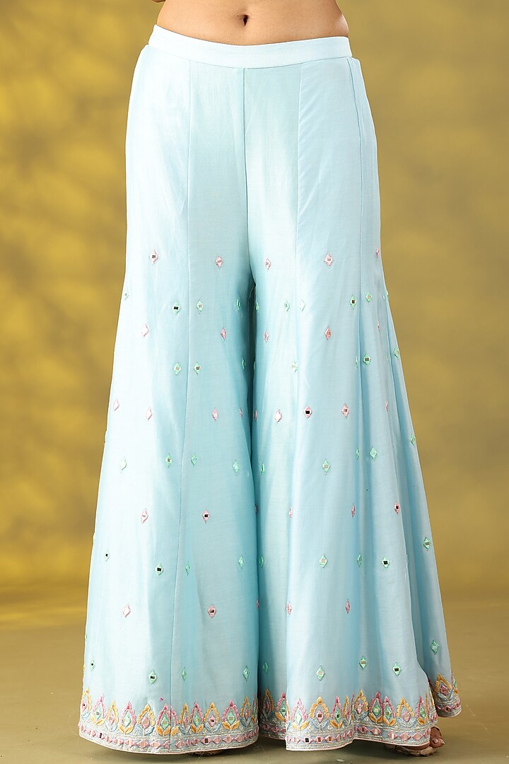 Sky Blue Crepe Mirror & Thread Work Party Wear Sharara Set by Nia By Sonia Ahuja at Pernia's Pop Up Shop