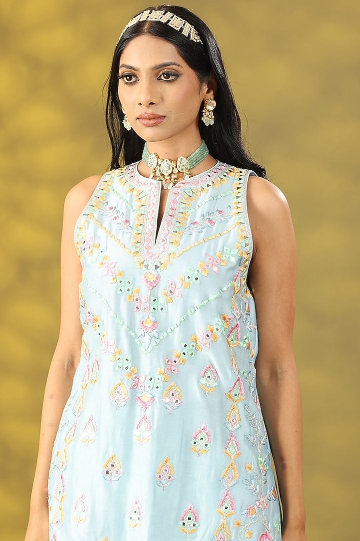 Sky Blue Crepe Mirror & Thread Work Party Wear Sharara Set by Nia By Sonia Ahuja at Pernia's Pop Up Shop