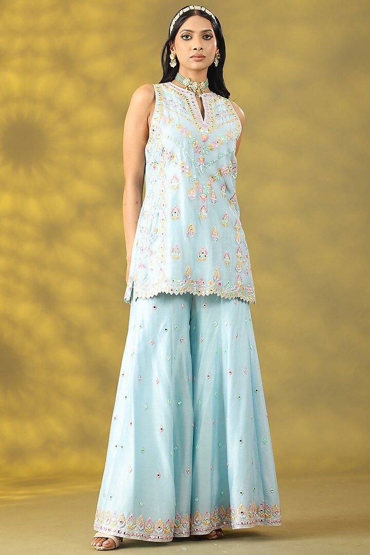 Sky Blue Crepe Mirror & Thread Work Party Wear Sharara Set by Nia By Sonia Ahuja at Pernia's Pop Up Shop