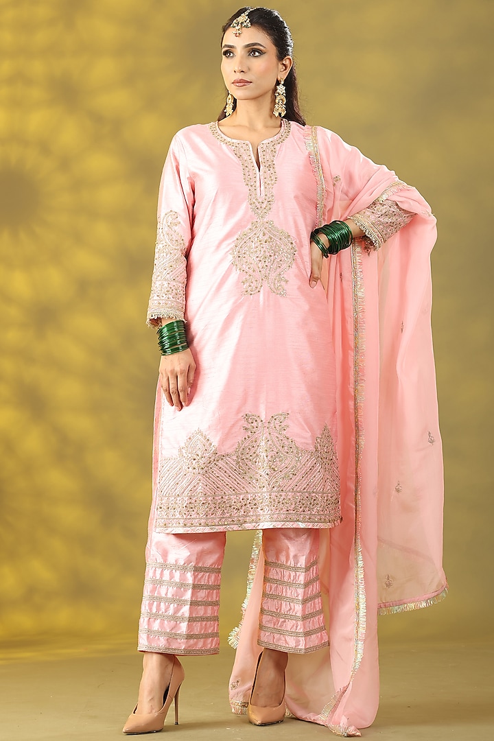 Light Rose Pink Chanderi Silk Dori Work Kurta Set by Nia By Sonia Ahuja