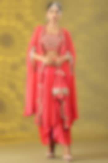 Valentine Red Organza Zardosi Handwork Cape Set by Nia By Sonia Ahuja at Pernia's Pop Up Shop