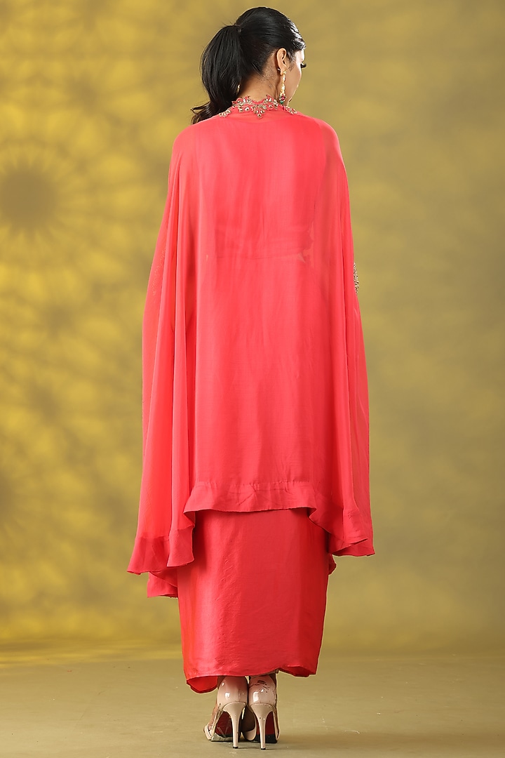 Valentine Red Organza Zardosi Handwork Cape Set by Nia By Sonia Ahuja at Pernia's Pop Up Shop