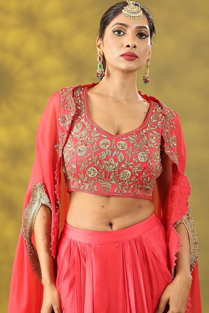 Valentine Red Organza Zardosi Handwork Cape Set by Nia By Sonia Ahuja at Pernia's Pop Up Shop