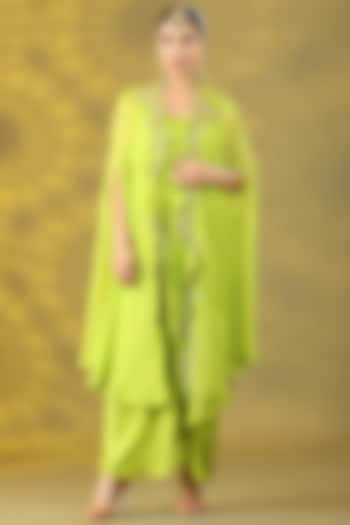 Avocado Green Organza Zardosi Hand Work Cape Set by Nia By Sonia Ahuja