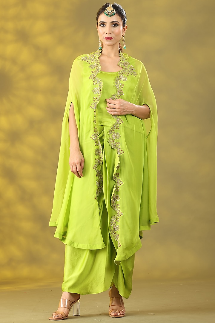 Avocado Green Organza Zardosi Hand Work Cape Set by Nia By Sonia Ahuja at Pernia's Pop Up Shop