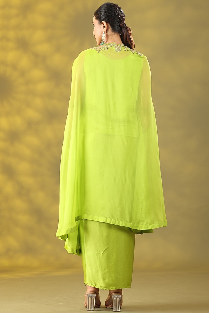 Avocado Green Organza Zardosi Hand Work Cape Set by Nia By Sonia Ahuja at Pernia's Pop Up Shop