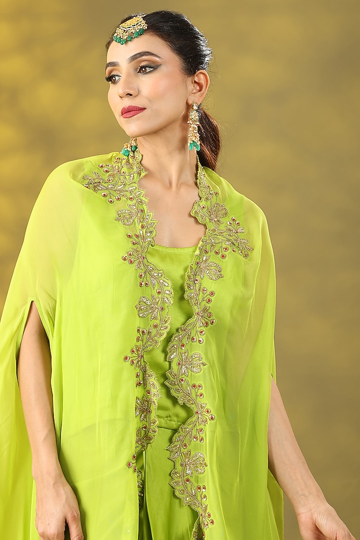 Avocado Green Organza Zardosi Hand Work Cape Set by Nia By Sonia Ahuja at Pernia's Pop Up Shop
