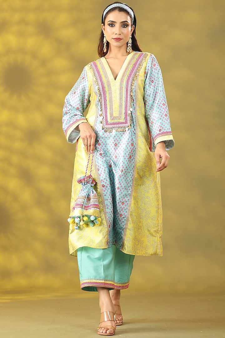 Marigold Yellow & Sky Blue Dupion Digital Printed Kurta Set by Nia By Sonia Ahuja at Pernia's Pop Up Shop