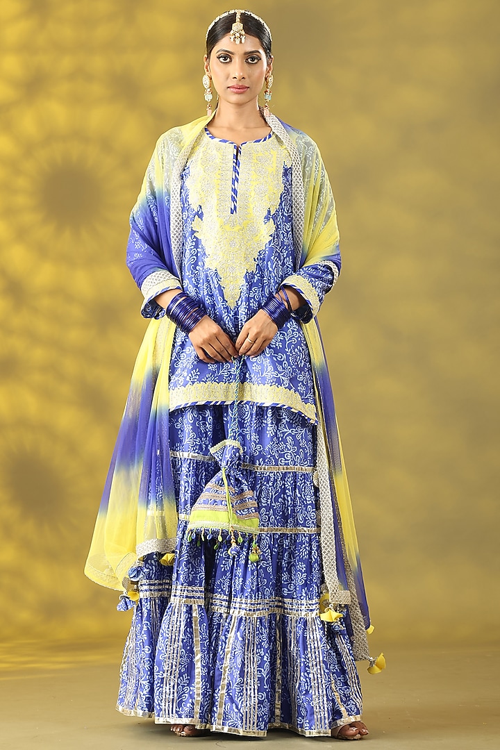 Dusty Blue Dupion Nakshi Gota Embroidered Gharara Set by Nia By Sonia Ahuja