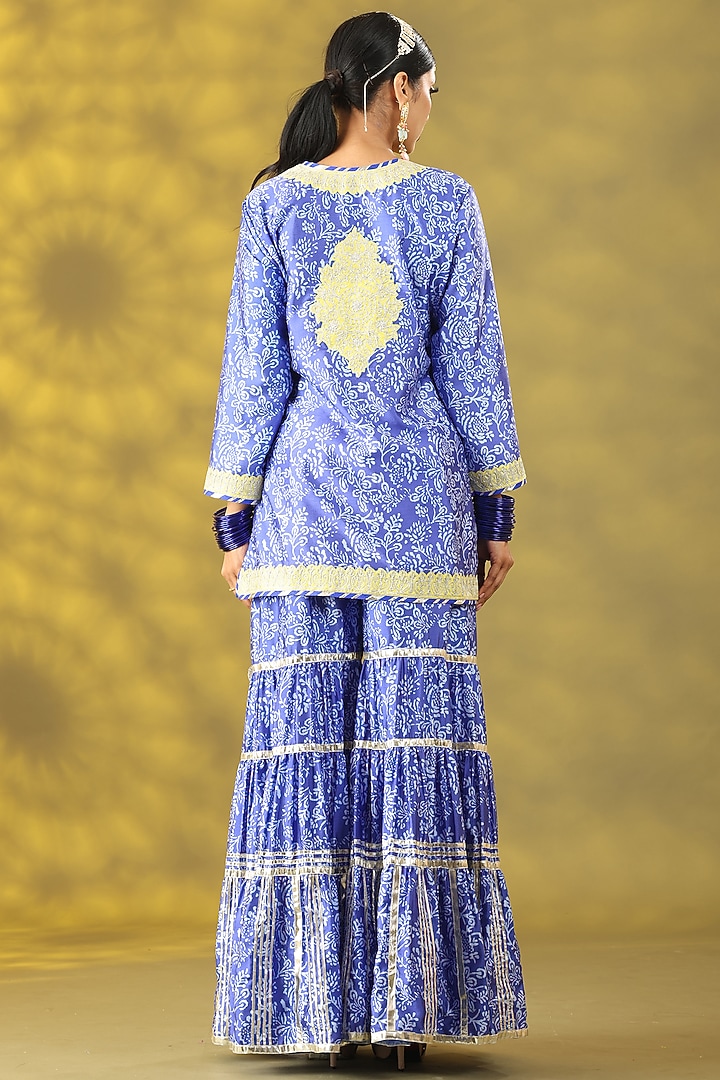 Dusty Blue Dupion Nakshi Gota Embroidered Gharara Set by Nia By Sonia Ahuja at Pernia's Pop Up Shop
