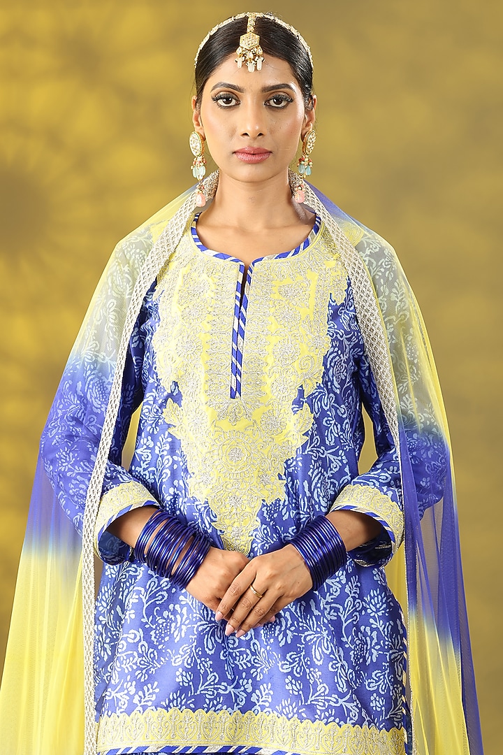 Dusty Blue Dupion Nakshi Gota Embroidered Gharara Set by Nia By Sonia Ahuja at Pernia's Pop Up Shop
