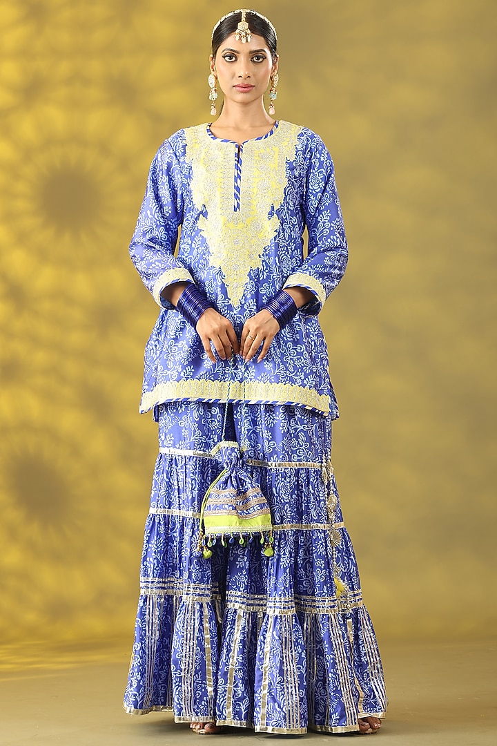 Dusty Blue Dupion Nakshi Gota Embroidered Gharara Set by Nia By Sonia Ahuja at Pernia's Pop Up Shop