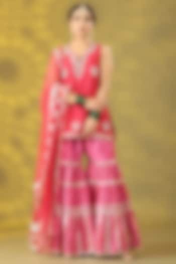 Rose Red Dupion Printed Gharara Set by Nia By Sonia Ahuja