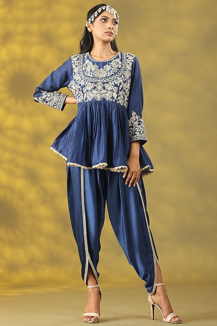 Dark Blue Chanderi Silk Sequins Handwork Anarkali Set by Nia By Sonia Ahuja