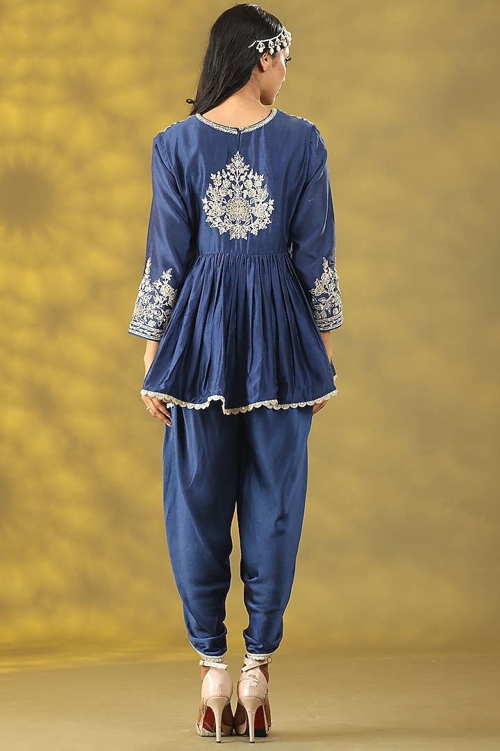 Dark Blue Chanderi Silk Sequins Handwork Party Wear Anarkali Set by Nia By Sonia Ahuja at Pernia's Pop Up Shop