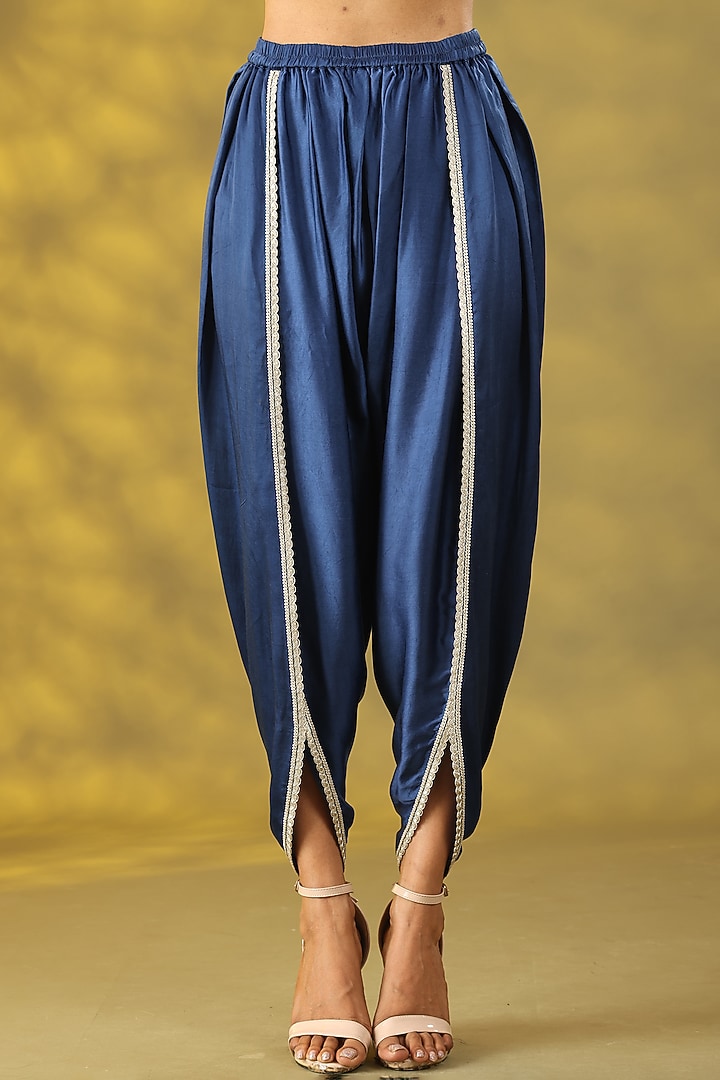 Dark Blue Chanderi Silk Sequins Handwork Party Wear Anarkali Set by Nia By Sonia Ahuja at Pernia's Pop Up Shop