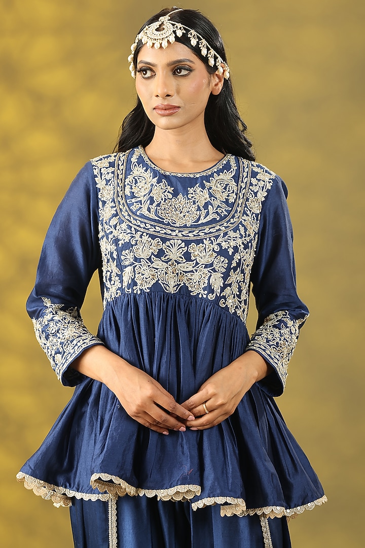 Dark Blue Chanderi Silk Sequins Handwork Party Wear Anarkali Set by Nia By Sonia Ahuja at Pernia's Pop Up Shop