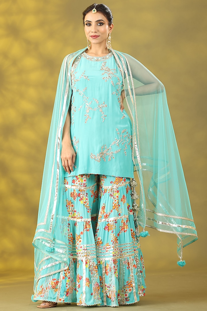 Sky Blue Dupion Gota Lace Embroidered & Printed Gharara Set by Nia By Sonia Ahuja