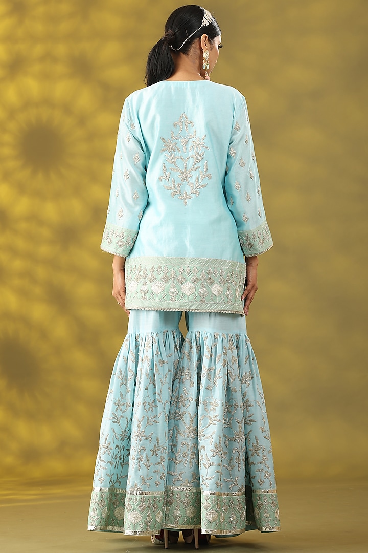 Aqua Blue Cotton Silk Gota Work Gharara Set by Nia By Sonia Ahuja at Pernia's Pop Up Shop