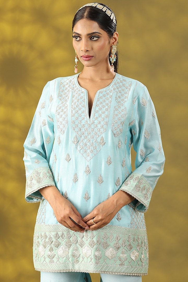 Aqua Blue Cotton Silk Gota Work Gharara Set by Nia By Sonia Ahuja at Pernia's Pop Up Shop