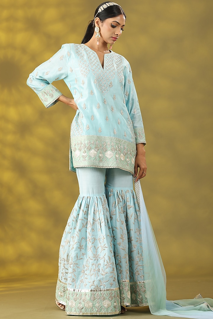 Aqua Blue Cotton Silk Gota Work Gharara Set by Nia By Sonia Ahuja at Pernia's Pop Up Shop