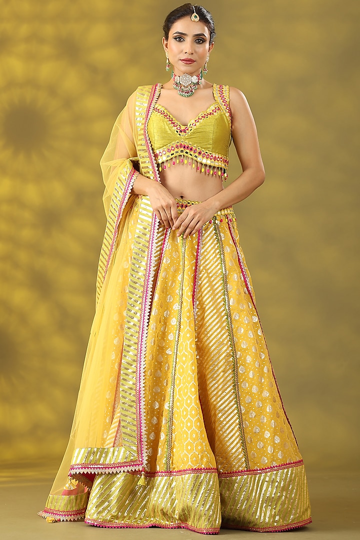 Golden Yellow Chanderi Silk Hand Embroidered Wedding Lehenga Set by Nia By Sonia Ahuja at Pernia's Pop Up Shop