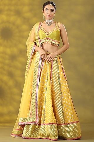 Golden Yellow Chanderi Silk Hand Embroidered Lehenga Set by Nia By Sonia Ahuja
