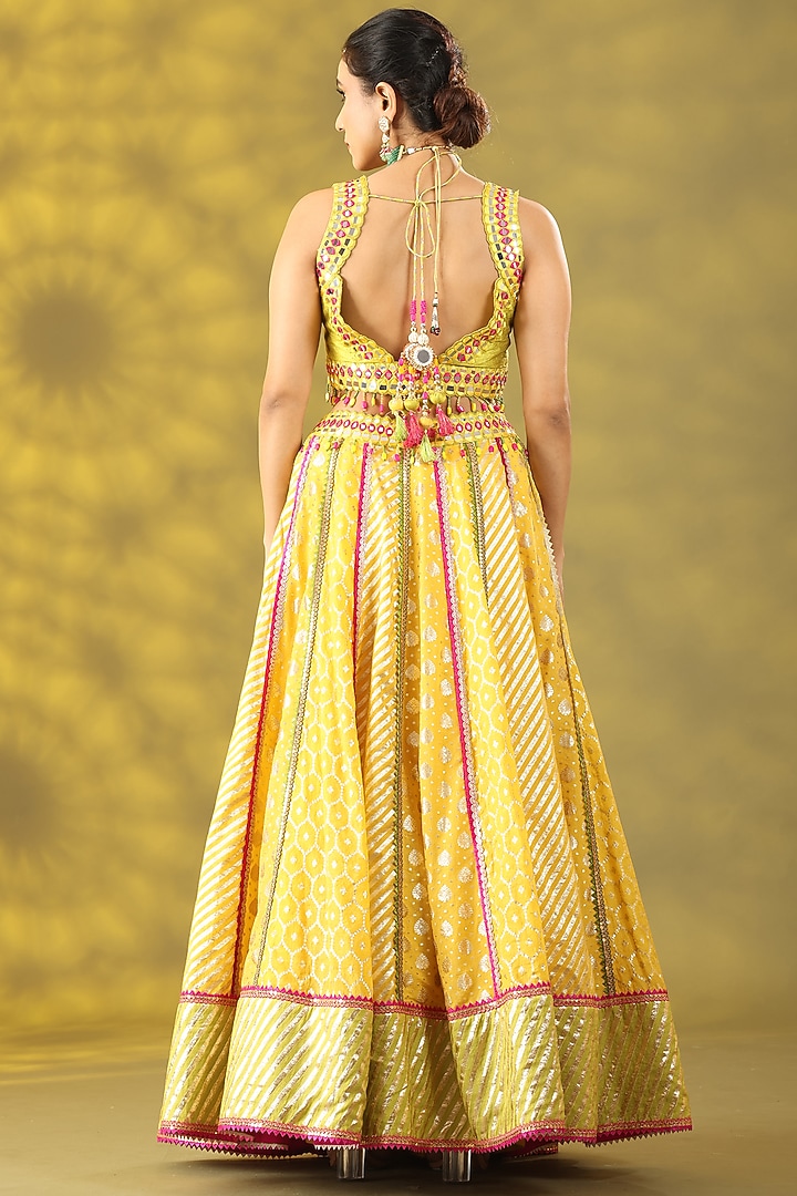 Golden Yellow Chanderi Silk Hand Embroidered Wedding Lehenga Set by Nia By Sonia Ahuja at Pernia's Pop Up Shop
