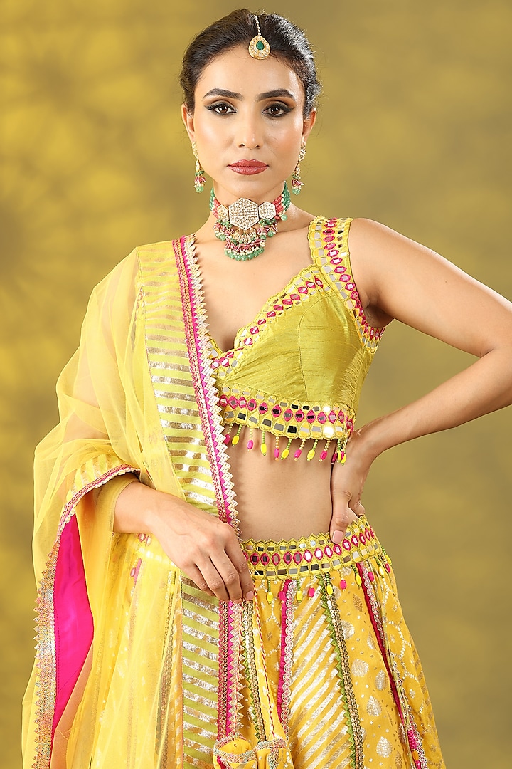Golden Yellow Chanderi Silk Hand Embroidered Wedding Lehenga Set by Nia By Sonia Ahuja at Pernia's Pop Up Shop