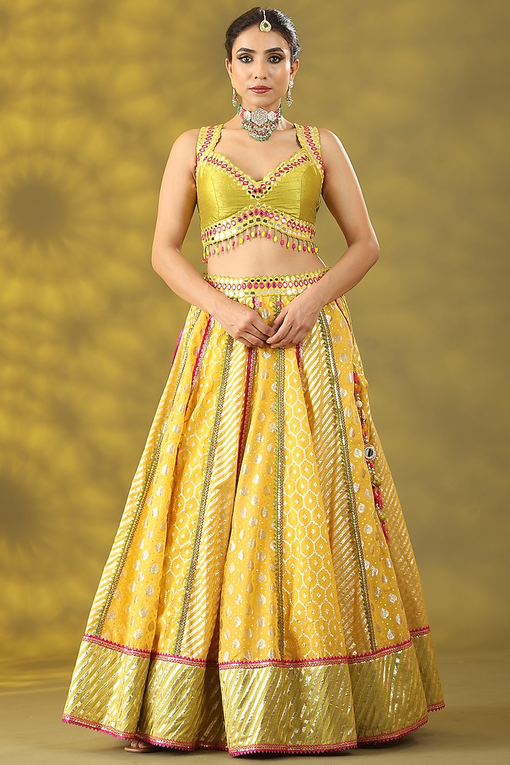 Golden Yellow Chanderi Silk Hand Embroidered Wedding Lehenga Set by Nia By Sonia Ahuja at Pernia's Pop Up Shop