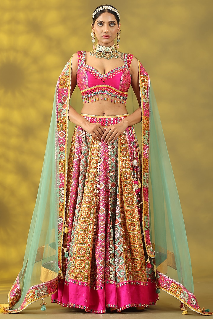 Multi-Colored Chanderi Silk Hand Embroidered Wedding Lehenga Set by Nia By Sonia Ahuja at Pernia's Pop Up Shop