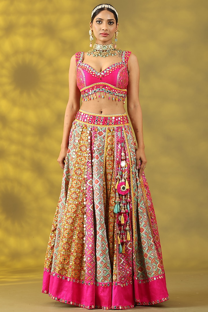 Multi-Colored Chanderi Silk Hand Embroidered Wedding Lehenga Set by Nia By Sonia Ahuja at Pernia's Pop Up Shop