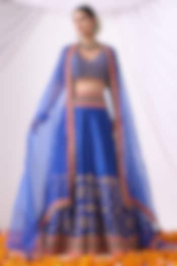 Warm Blue Banarasi Chanderi Zari Embroidered Wedding Lehenga Set by Nia By Sonia Ahuja at Pernia's Pop Up Shop