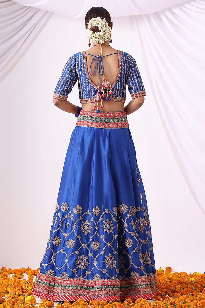 Warm Blue Banarasi Chanderi Zari Embroidered Wedding Lehenga Set by Nia By Sonia Ahuja at Pernia's Pop Up Shop