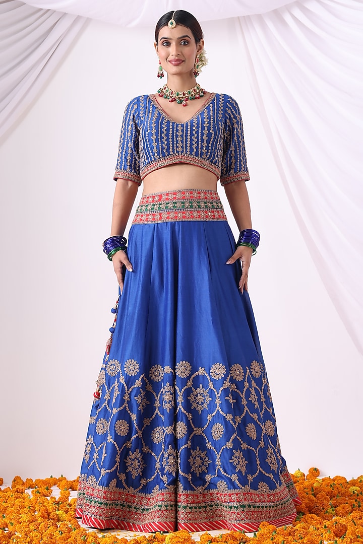 Warm Blue Banarasi Chanderi Zari Embroidered Wedding Lehenga Set by Nia By Sonia Ahuja at Pernia's Pop Up Shop