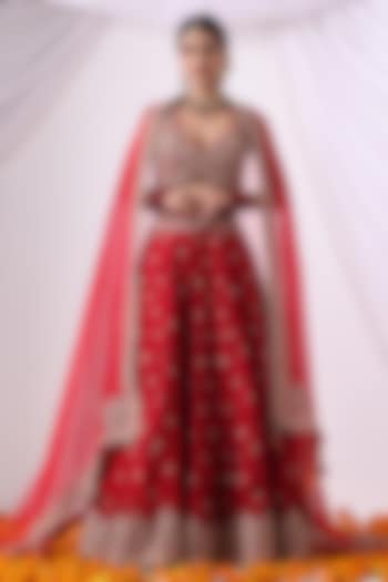 Maroon Banarasi Chanderi Zari Embroidered Wedding Lehenga Set by Nia By Sonia Ahuja at Pernia's Pop Up Shop