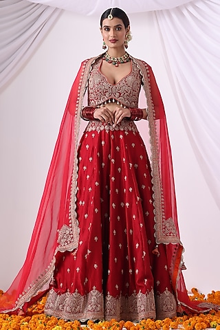 Maroon Banarasi Chanderi Zari Embroidered Lehenga Set by Nia By Sonia Ahuja