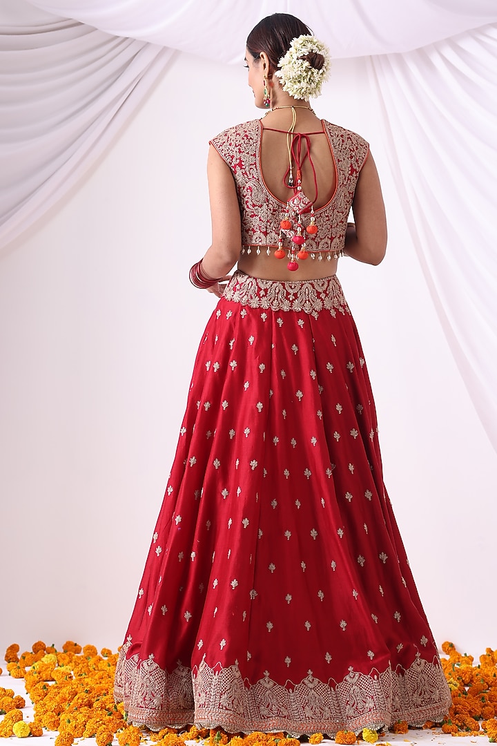 Maroon Banarasi Chanderi Zari Embroidered Wedding Lehenga Set by Nia By Sonia Ahuja at Pernia's Pop Up Shop