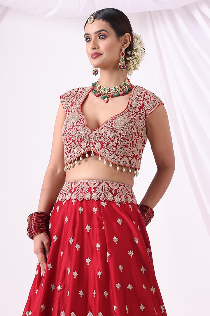 Maroon Banarasi Chanderi Zari Embroidered Wedding Lehenga Set by Nia By Sonia Ahuja at Pernia's Pop Up Shop