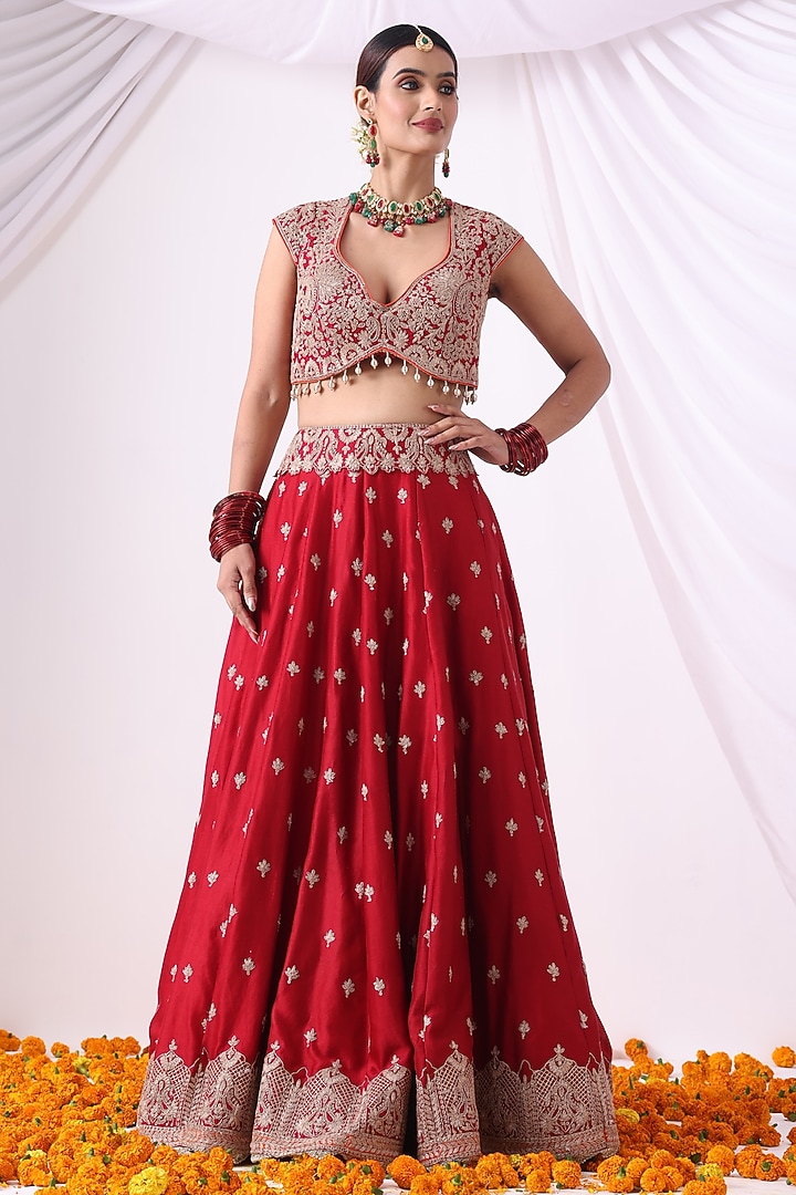 Maroon Banarasi Chanderi Zari Embroidered Wedding Lehenga Set by Nia By Sonia Ahuja at Pernia's Pop Up Shop
