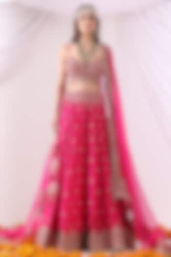 Magenta Banarasi Chanderi Zari Embroidered Wedding Lehenga Set by Nia By Sonia Ahuja at Pernia's Pop Up Shop