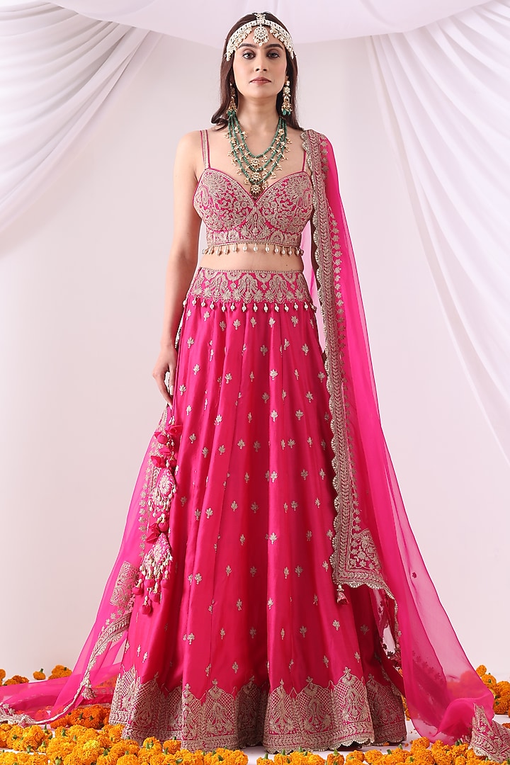 Magenta Banarasi Chanderi Zari Embroidered Wedding Lehenga Set by Nia By Sonia Ahuja at Pernia's Pop Up Shop