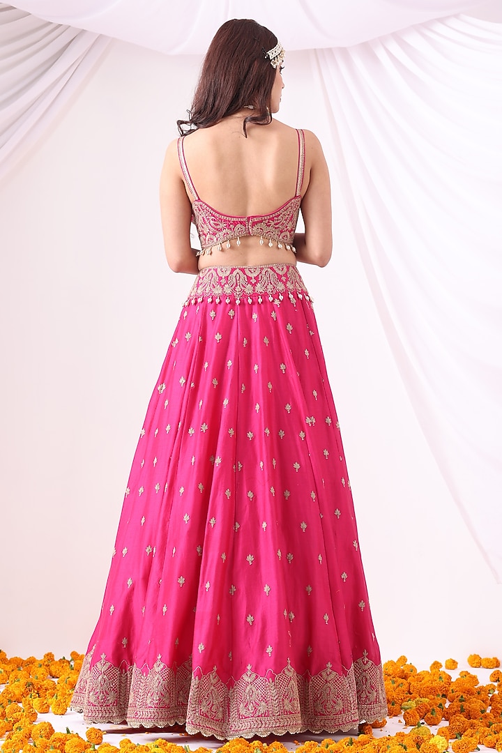 Magenta Banarasi Chanderi Zari Embroidered Wedding Lehenga Set by Nia By Sonia Ahuja at Pernia's Pop Up Shop