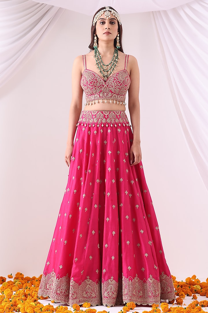 Magenta Banarasi Chanderi Zari Embroidered Wedding Lehenga Set by Nia By Sonia Ahuja at Pernia's Pop Up Shop