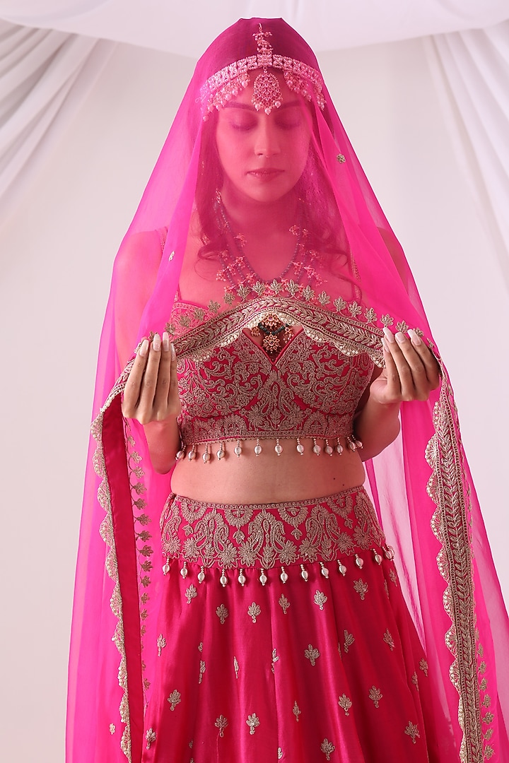 Magenta Banarasi Chanderi Zari Embroidered Wedding Lehenga Set by Nia By Sonia Ahuja at Pernia's Pop Up Shop