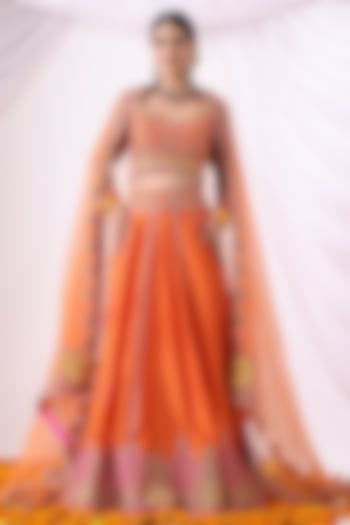 Orange Banarasi Chanderi Zari Embroidered Wedding Lehenga Set by Nia By Sonia Ahuja at Pernia's Pop Up Shop